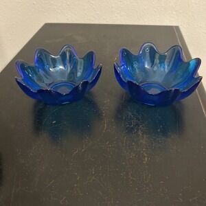 (2) VTG MCM BLENKO Art Glass Lotus Bowl Blue Signed  2002 Richard‎ Blenko